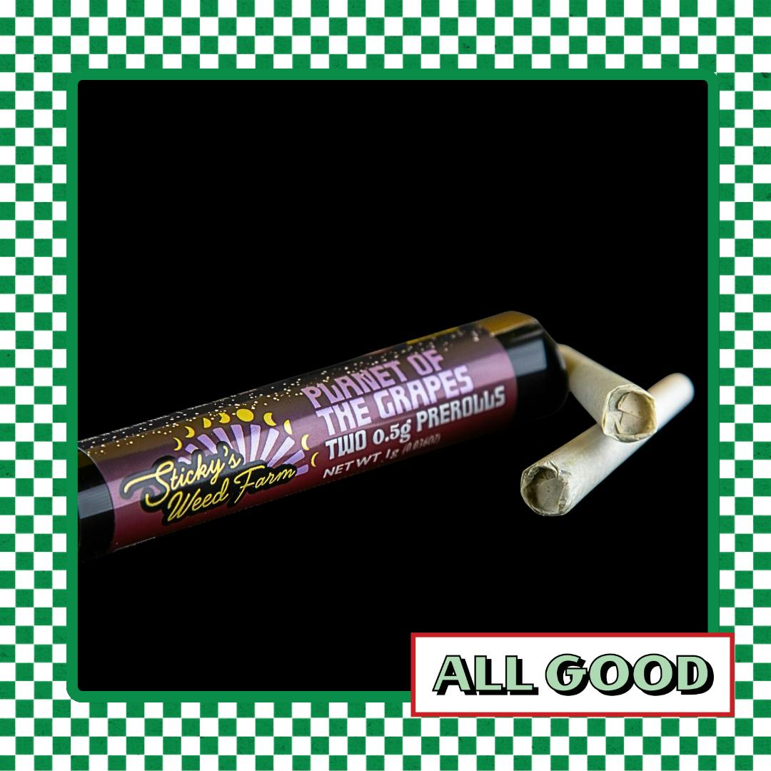 Sticky’s Weed | Planet of the Grapes | 2pk Prerolls | Hybrid | 1g