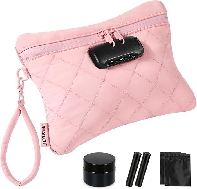 Quilted Smell Proof Stash Bag with Lock l Pink