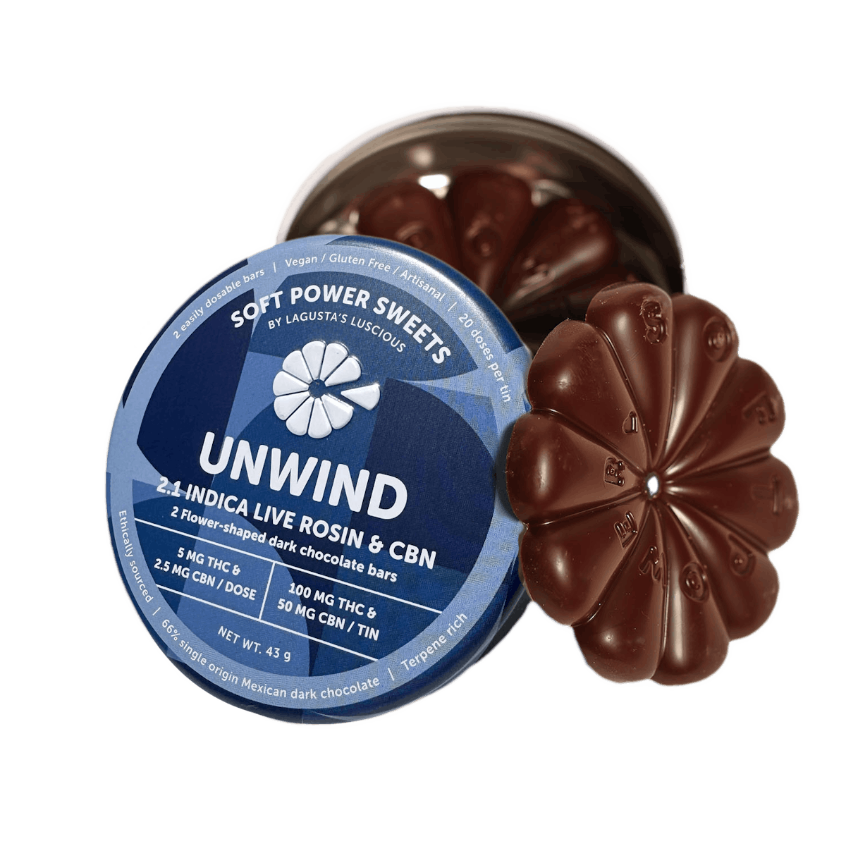 Soft Power Sweets | Edibles | 100mg | 2:1 THC:CBN | Live Rosin ‘Unwind’ Chocolate
