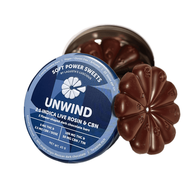 Soft Power Sweets | Edibles | 100mg | 2:1 THC:CBN | Live Rosin ‘Unwind’ Chocolate