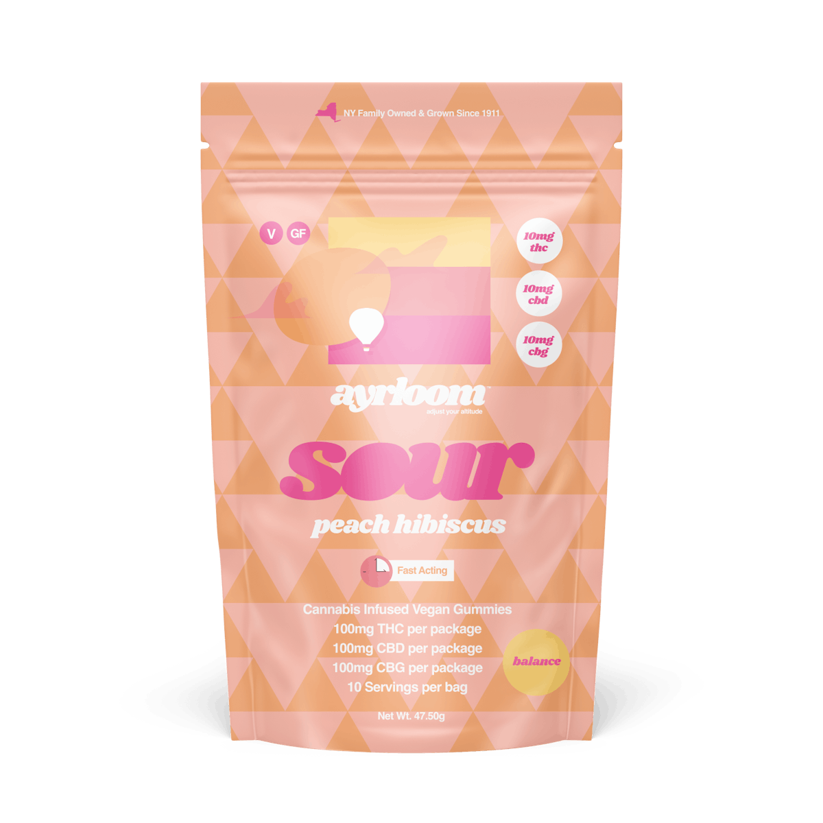 Ayrloom | Gummy | 10pk | 100mg | 1:1:1 (THC:CBD:CBG) | Balance Sour Peach Hibiscus