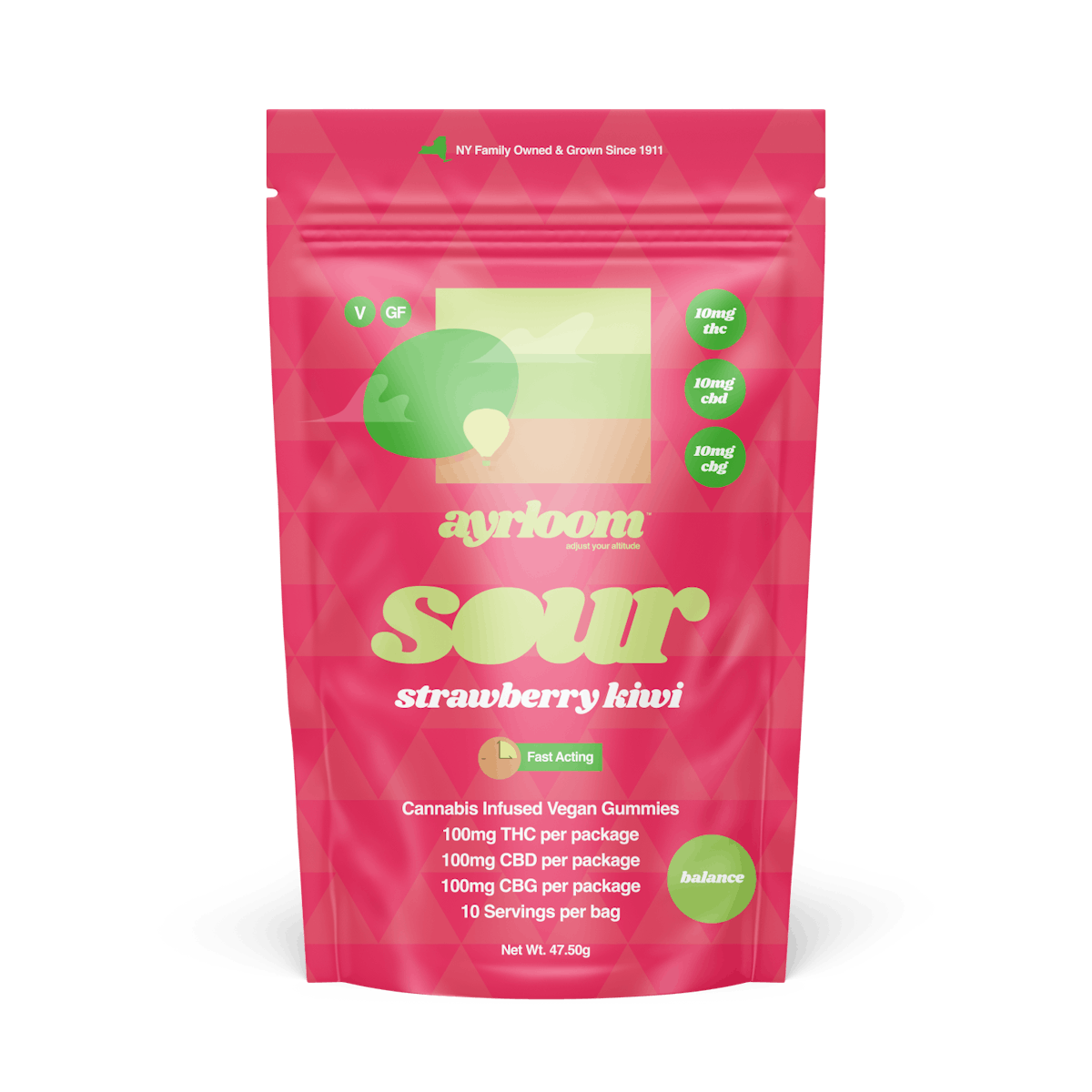 Ayrloom | Gummy | 10pk | 100mg | 1:1:1 (THC:CBD:CBG) | Balance- Sour Strawberry Kiwi