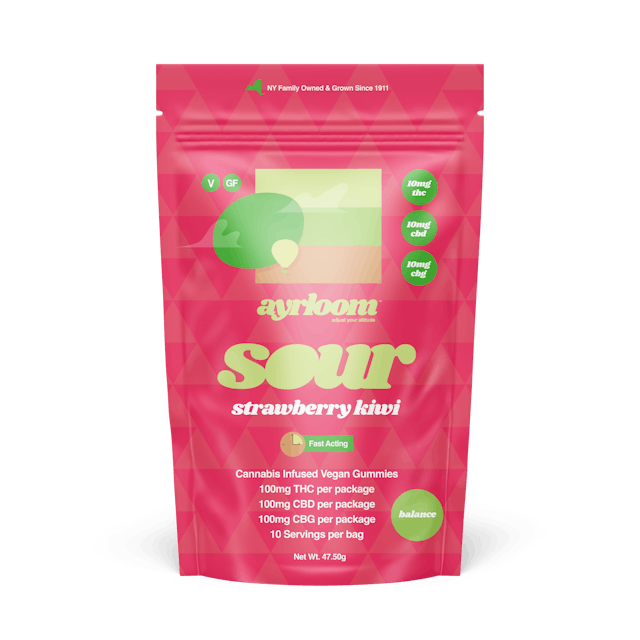 Ayrloom | Gummy | 10pk | 100mg | 1:1:1 (THC:CBD:CBG) | Balance- Sour Strawberry Kiwi