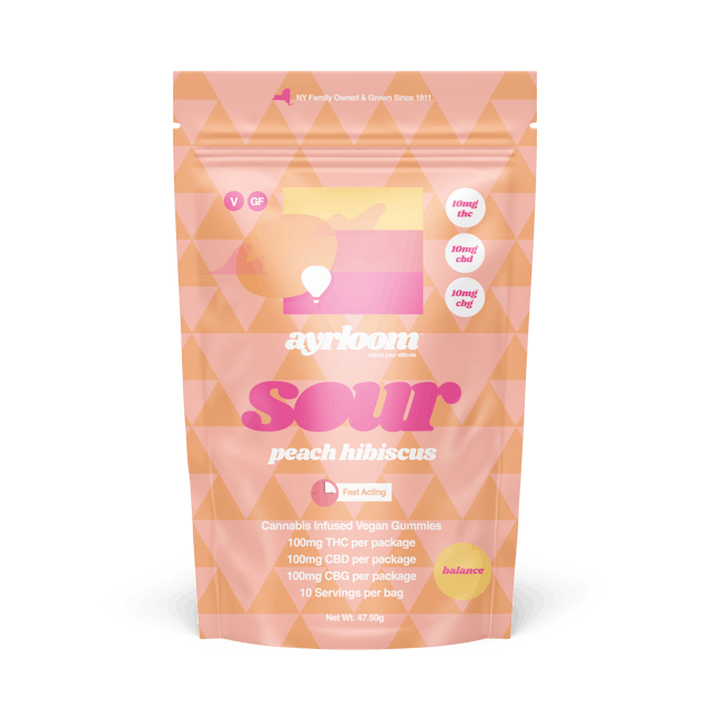 Ayrloom | Gummy | 10pk | 100mg | 1:1:1 (THC:CBD:CBG) | Balance Sour Peach Hibiscus