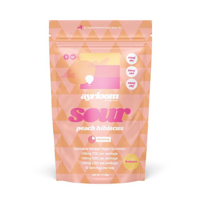 Ayrloom | Gummy | 10pk | 100mg | 1:1:1 (THC:CBD:CBG) | Balance Sour Peach Hibiscus