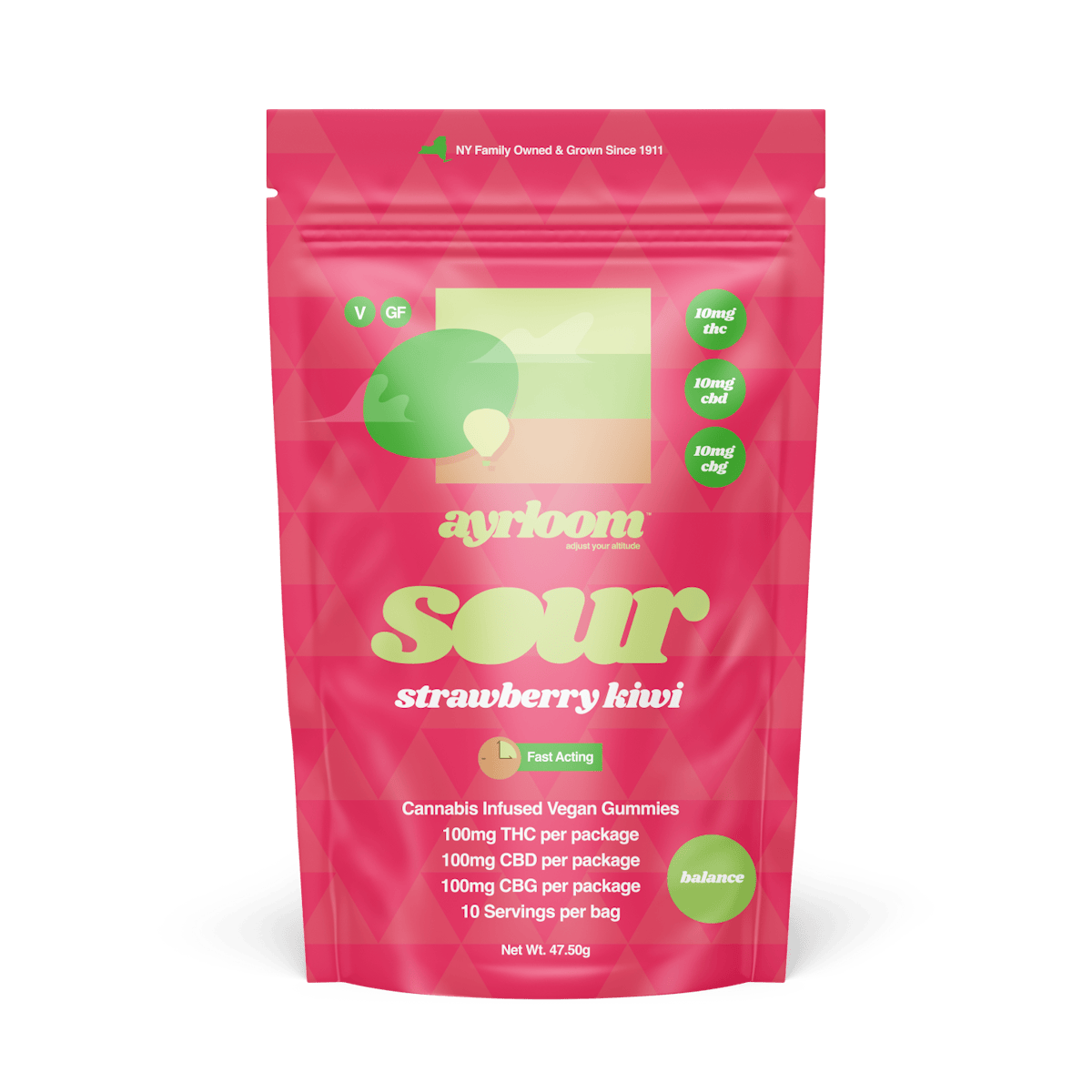 Ayrloom | Gummy | 10pk | 100mg | 1:1:1 (THC:CBD:CBG) | Balance- Sour Strawberry Kiwi