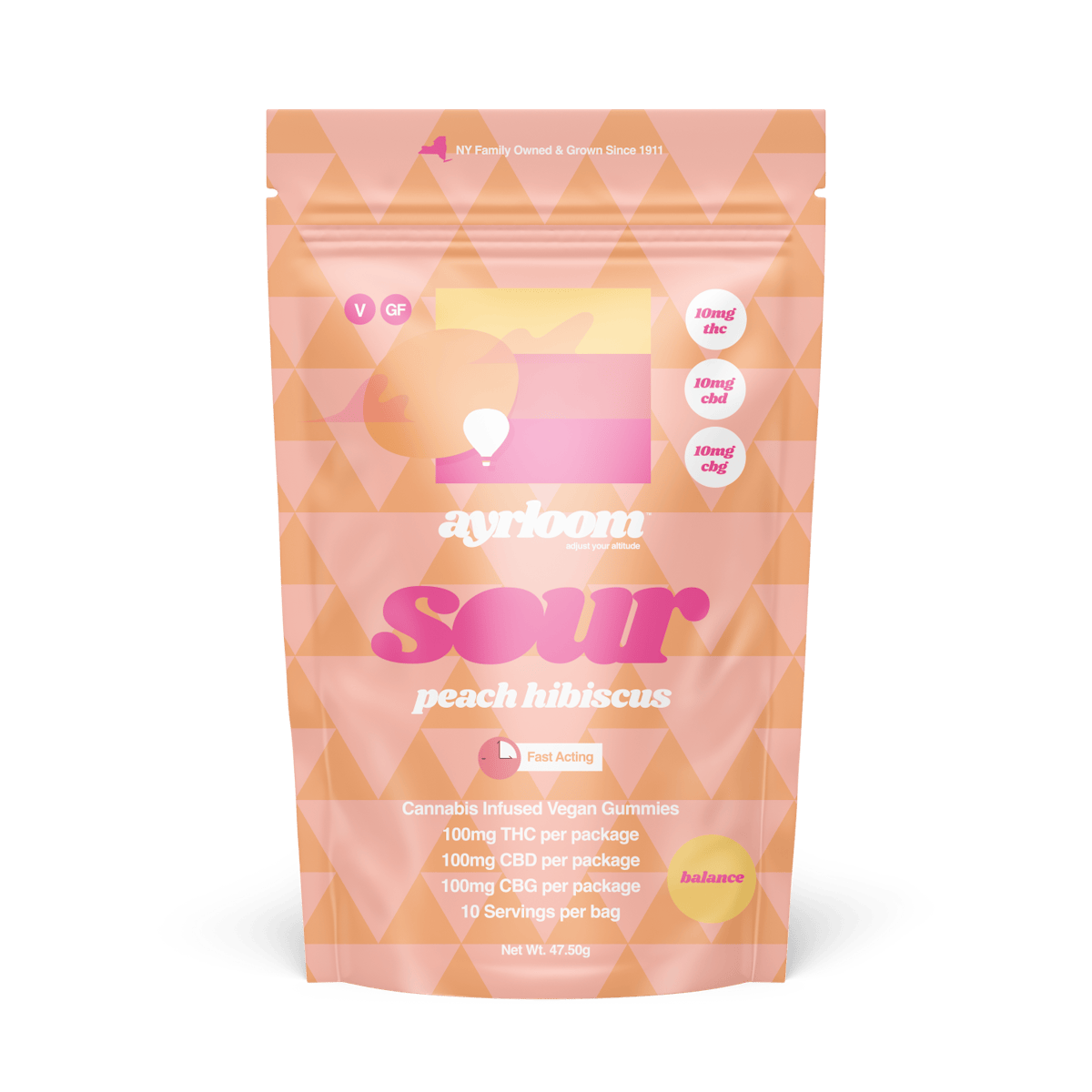 Ayrloom | Gummy | 10pk | 100mg | 1:1:1 (THC:CBD:CBG) | Balance Sour Peach Hibiscus