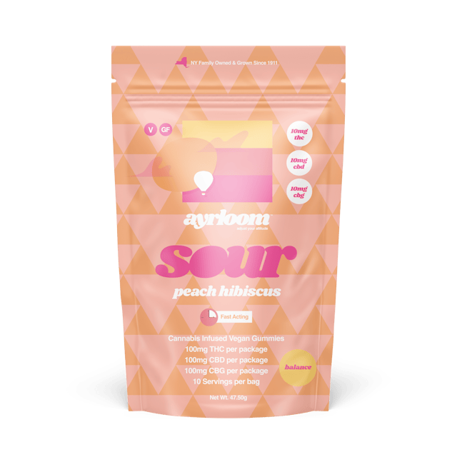 Ayrloom | Gummy | 10pk | 100mg | 1:1:1 (THC:CBD:CBG) | Balance Sour Peach Hibiscus