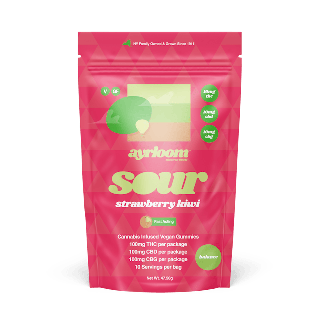 Ayrloom | Gummy | 10pk | 100mg | 1:1:1 (THC:CBD:CBG) | Balance- Sour Strawberry Kiwi