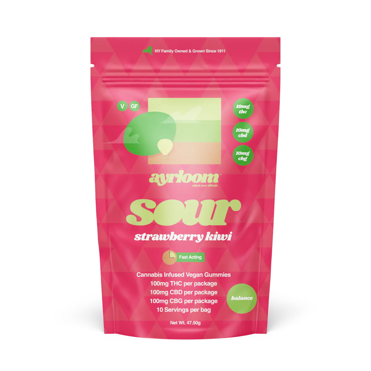 Ayrloom | Gummy | 10pk | 100mg | 1:1:1 (THC:CBD:CBG) | Balance- Sour Strawberry Kiwi