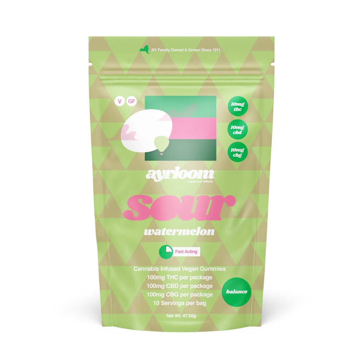 Ayrloom | Gummy | 10pk | 100mg |Balance- Sour Watermelon | 1:1:1 (THC:CBD:CBG)