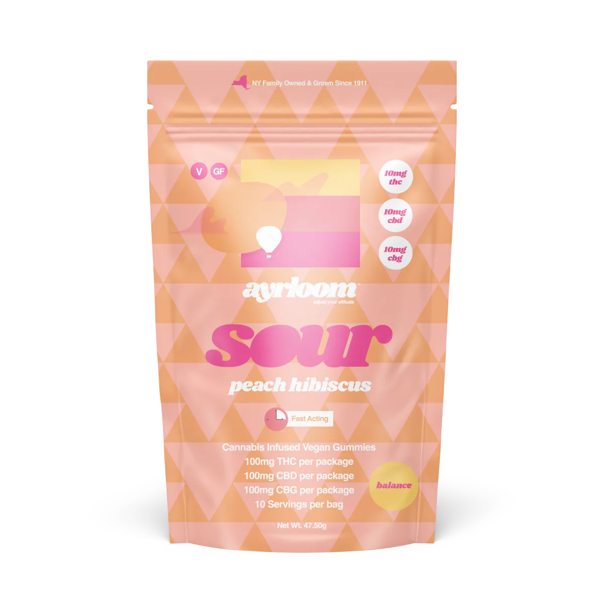 Ayrloom | Gummy | 10pk | 100mg | 1:1:1 (THC:CBD:CBG) | Balance Sour Peach Hibiscus