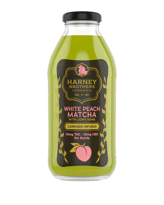 Harney Brothers | Glass Beverage | 10mg THC : 10mg CBD | White Peach Matcha