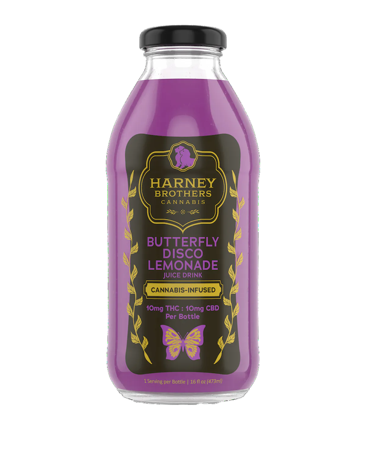 Harney Brothers | Glass Beverage | 10mg THC : 10mg CBD | Butterfly Disco Lemonade