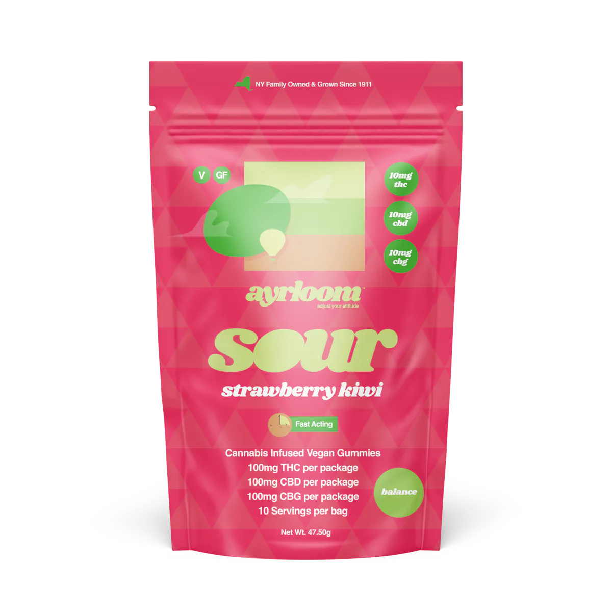 Ayrloom | Gummy | 10pk | 100mg | 1:1:1 (THC:CBD:CBG) | Balance- Sour Strawberry Kiwi