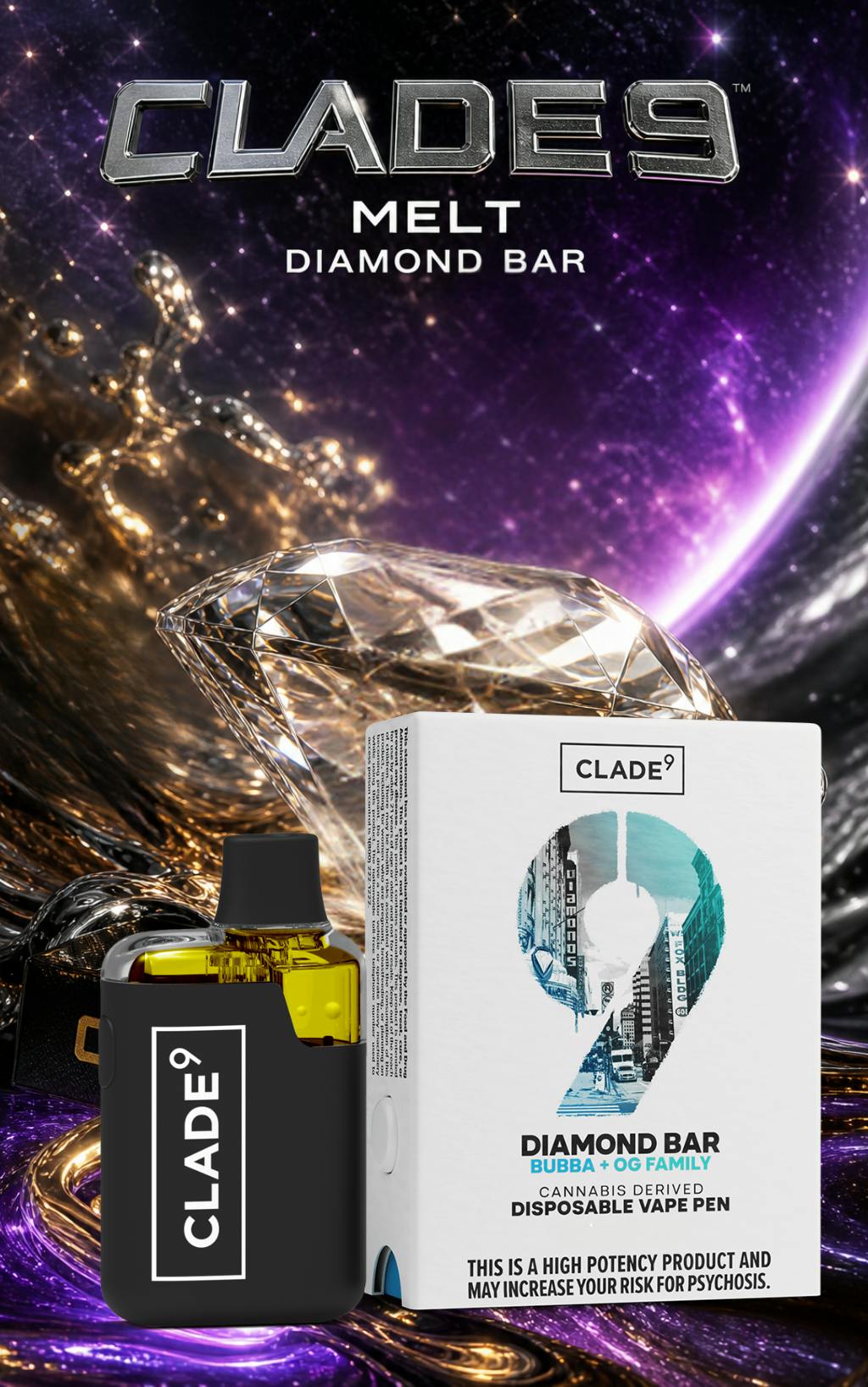 Clade9 - Melt - Diamond Bar - Live Rosin - 0.5g - Disposable - 0.5g |  Vaporizers | Clade9 | Plantopia Dispensary (Rec) | 37 Main Street  Englishtown, NJ 07726https://www.plantopiadispensaries.com