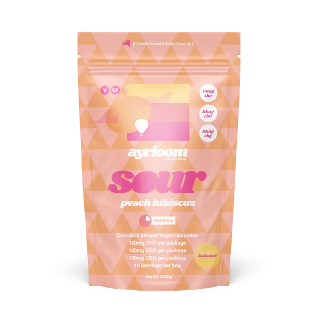 Ayrloom | Gummy | 10pk | 100mg | 1:1:1 (THC:CBD:CBG) | Balance Sour Peach Hibiscus