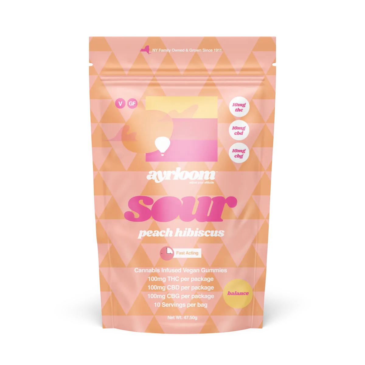 Ayrloom | Gummy | 10pk | 100mg | 1:1:1 (THC:CBD:CBG) | Balance Sour Peach Hibiscus