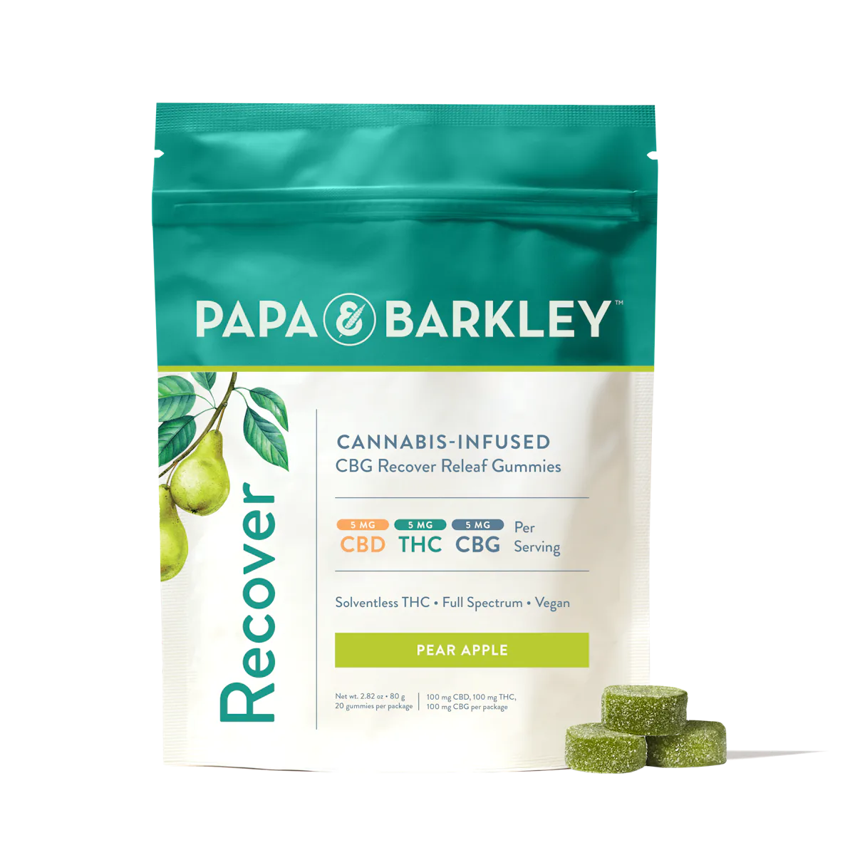 Papa & Barkley | Gummy | 20pk | 100mg | 1:1:1 | Recover | Solventless Pear Apple (THC:CBD:CBG)