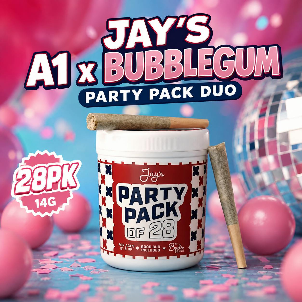 Jays Party Pack Duo A1 And Bubble Gum Pre-roll Pack 14G 28 Pack