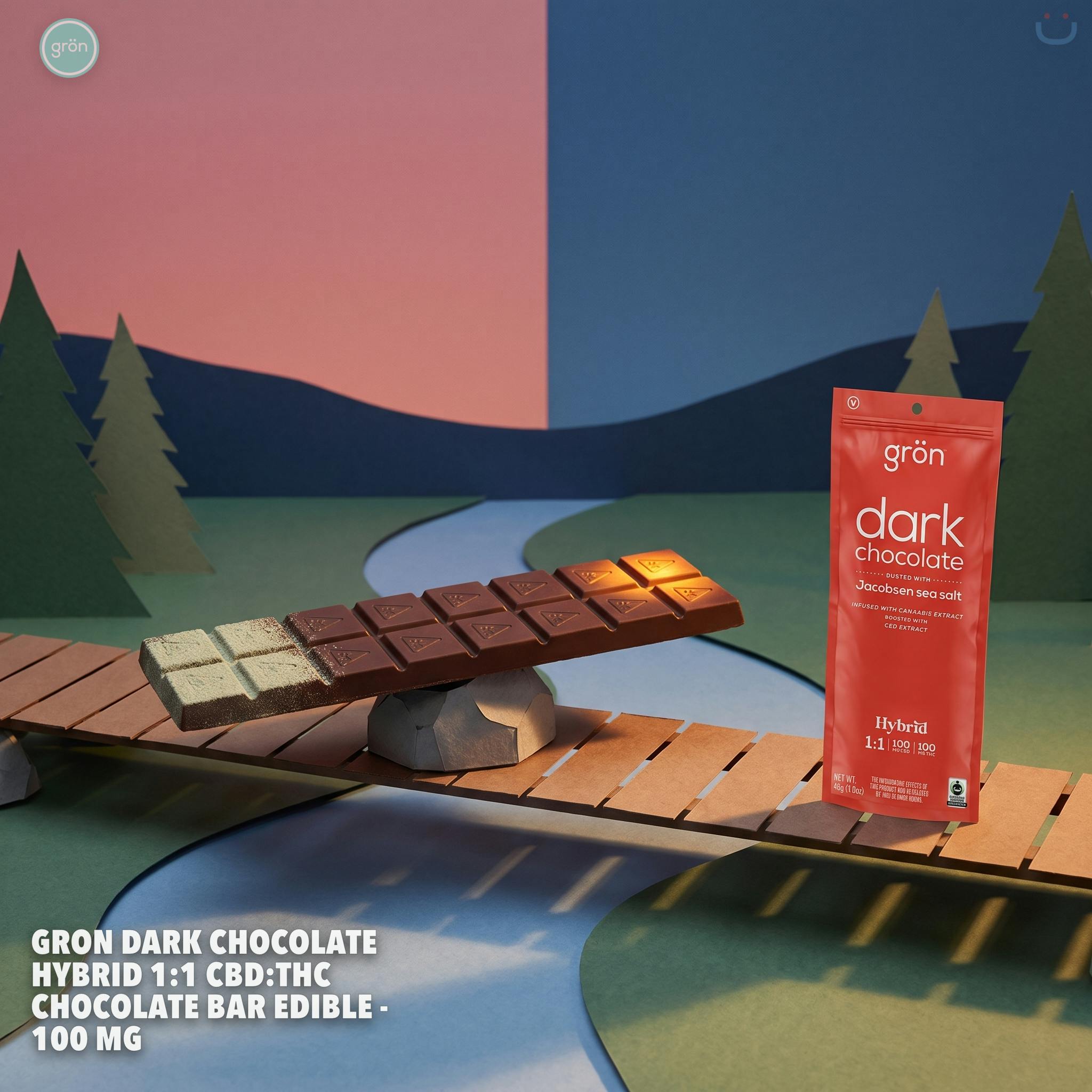 Gron Dark Chocolate Hybrid 1:1 CBD:THC Chocolate Bar Edible - 100 Mg