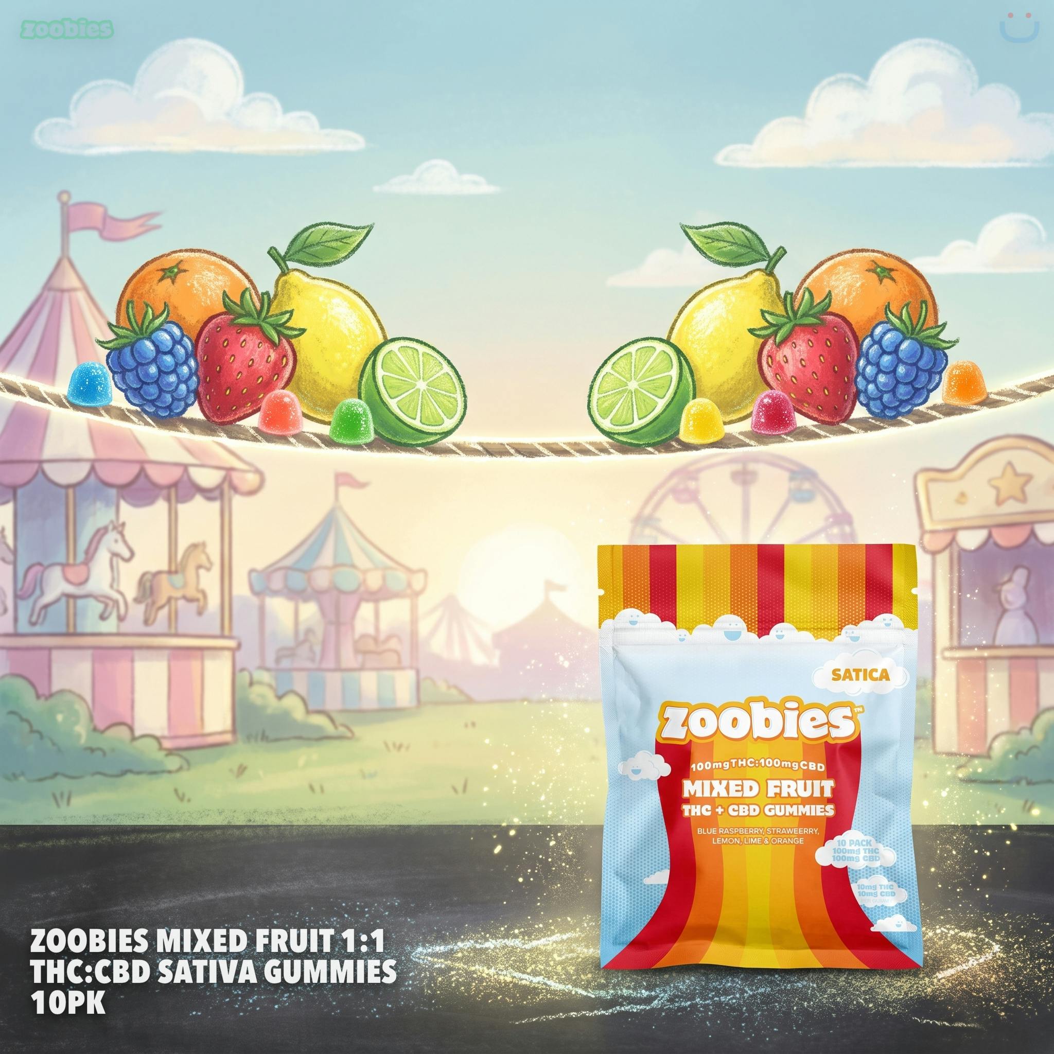 Zoobies Mixed Fruit 1:1 THC:CBD Sativa Gummies 10PK