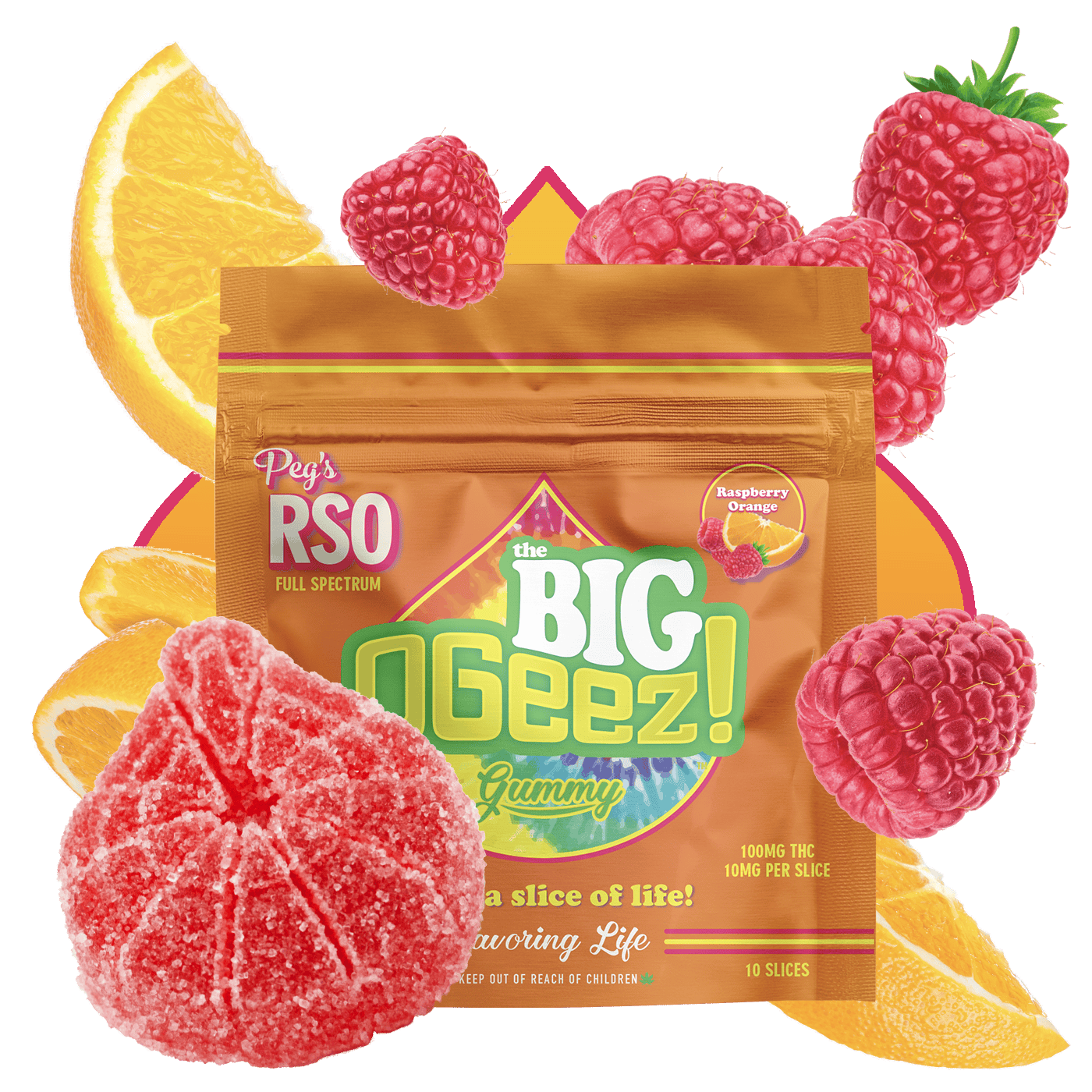 g-rap O.Z.O.G. ‎ OGeez Peg's BIG Raspberry Orange RSO Gummies - 100mg - 100mg