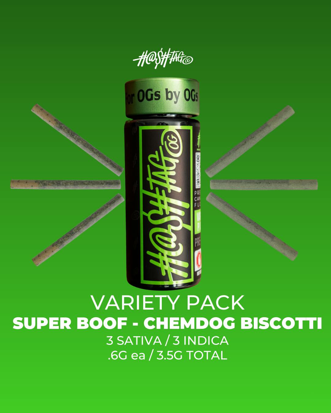 Super Boof & Chemdog Biscotti | 3x Sativa/3x Indica 0.6g Prerolls