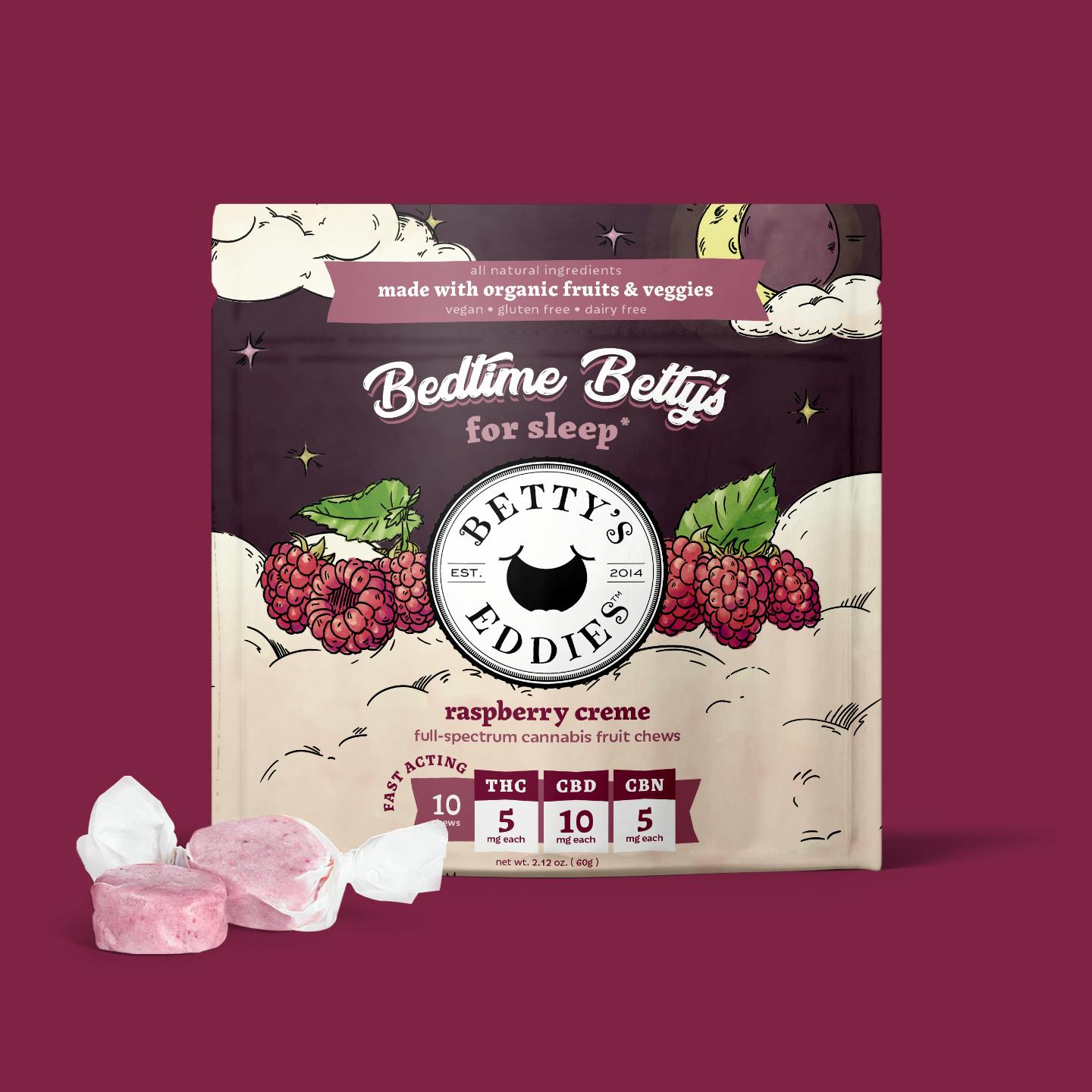 Bedtime Bettys - Raspberry Creme Fruit Chews 10 Pieces (5mg/pc