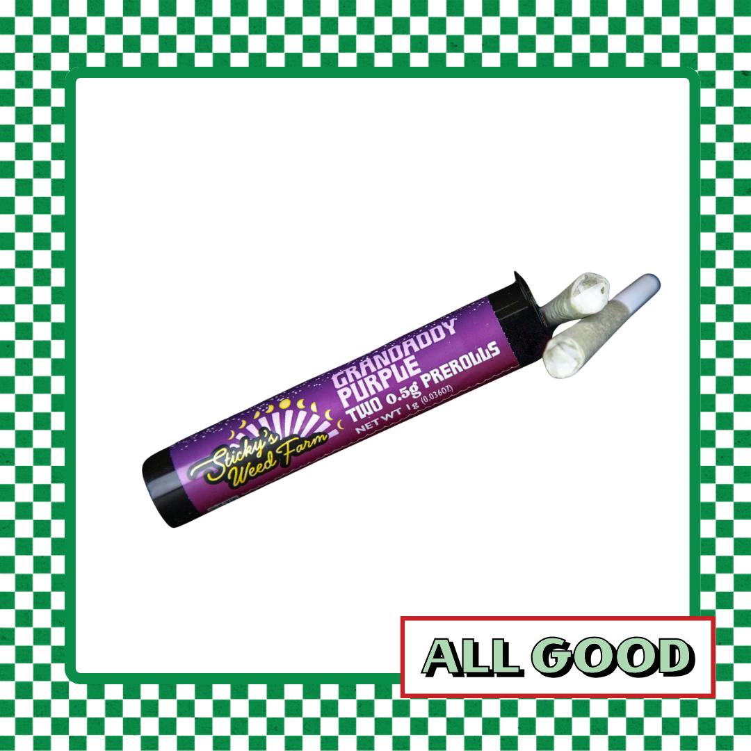 Sticky’s Weed | Grandaddy Purple | 2pack Pre-Roll | Indica | 1g