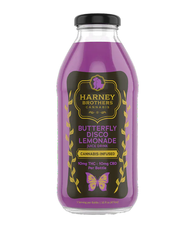 Harney Brothers | Glass Beverage | 10mg THC : 10mg CBD | Butterfly Disco Lemonade