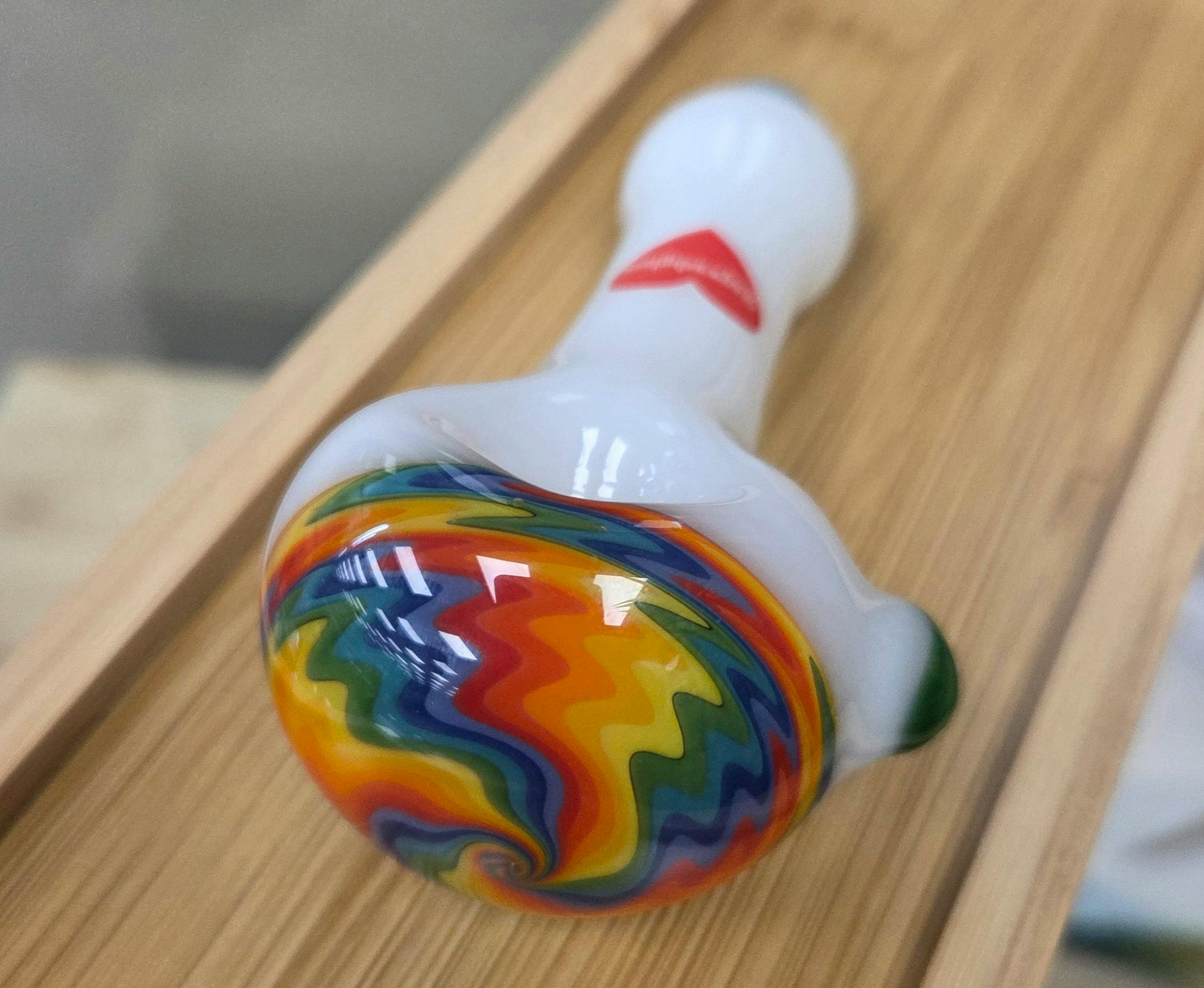 White Milk Glass With Rainbow Swirl On Head