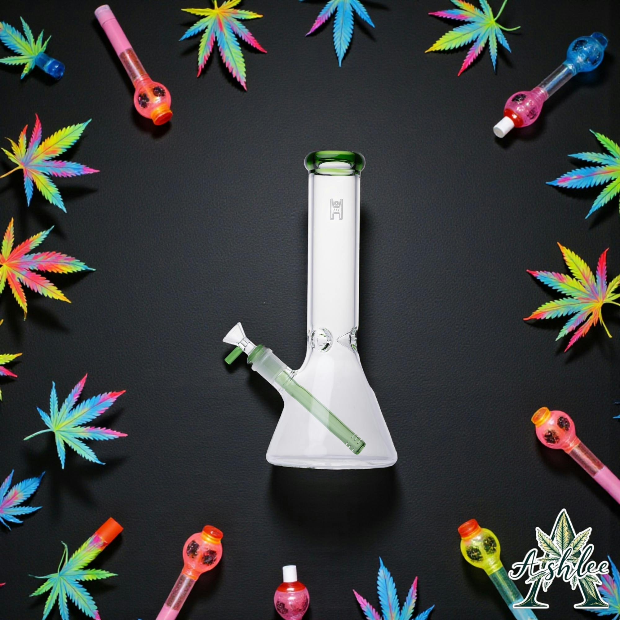 12" Beaker - Clear With Green Accent - One Size