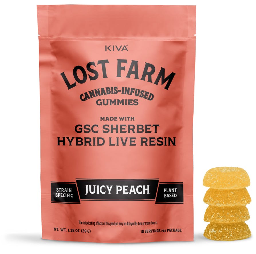 LOST FARMS | LIVE RESIN -  JUICY PEACH X GSC SHERBET GUMMIES - 100MG/10PK - 100 Mg