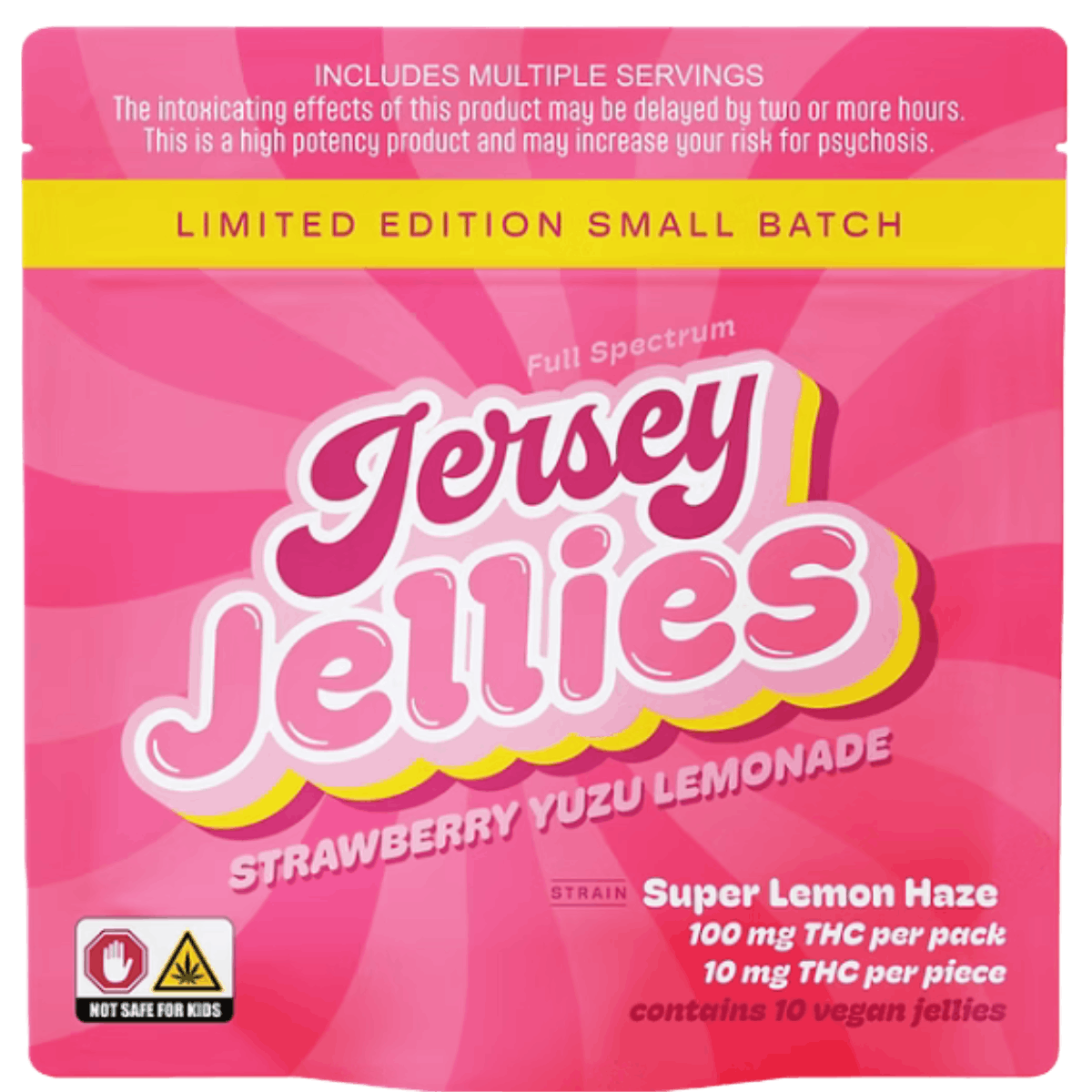 JERSEY JELLIES | LIMITED EDITION SMALL BATCH CURED RESIN STRAWBERRY YUZU LEMONADE [SUPER LEMON HAZE] GUMMIES - 100MG/10PK