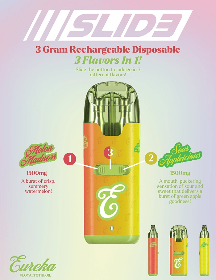 how to use eureka disposable vape pen with button Eureka - Melon Madness/Sour Applelicious - Slide 3-in-1 Disposable Vape -  3g - 3g by Eureka